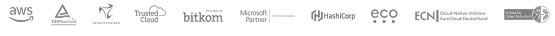 Partner-Logos: AWS, TÜV Rheinland, Loyalty Partner, Trusted Cloud, bitkom, Microsoft Partner, HashiCorp, eco, ECN, Allianz für Cyber-Sicherheit